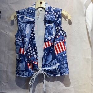 Blue and White Graphic Western Vest